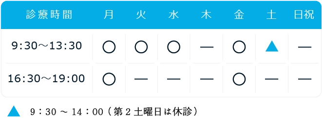 診療時間午前9:30～13:30、午後16:30～19:00